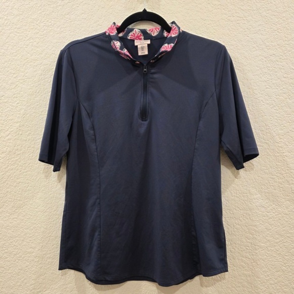 Tommy Bahama Golf Womens Navy Blue Floral Quarter Zip Polo Shirt Large‎